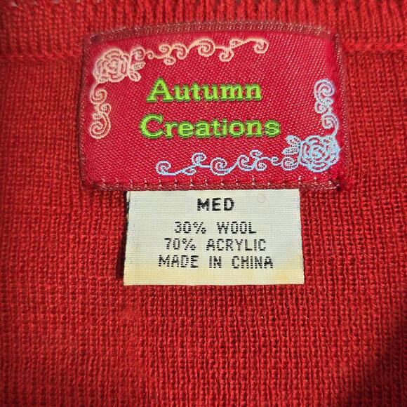 VTG Women Sz M Red Sweater 80s 90s Floral Beads Embroidered Wool Blend Crew Neck - Picture 3 of 11